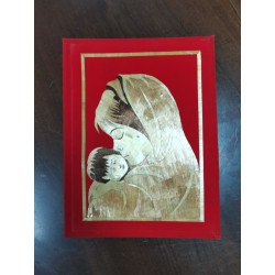 Quadretto a libro in carta, stoffa e paglia "Madonna con bambino"